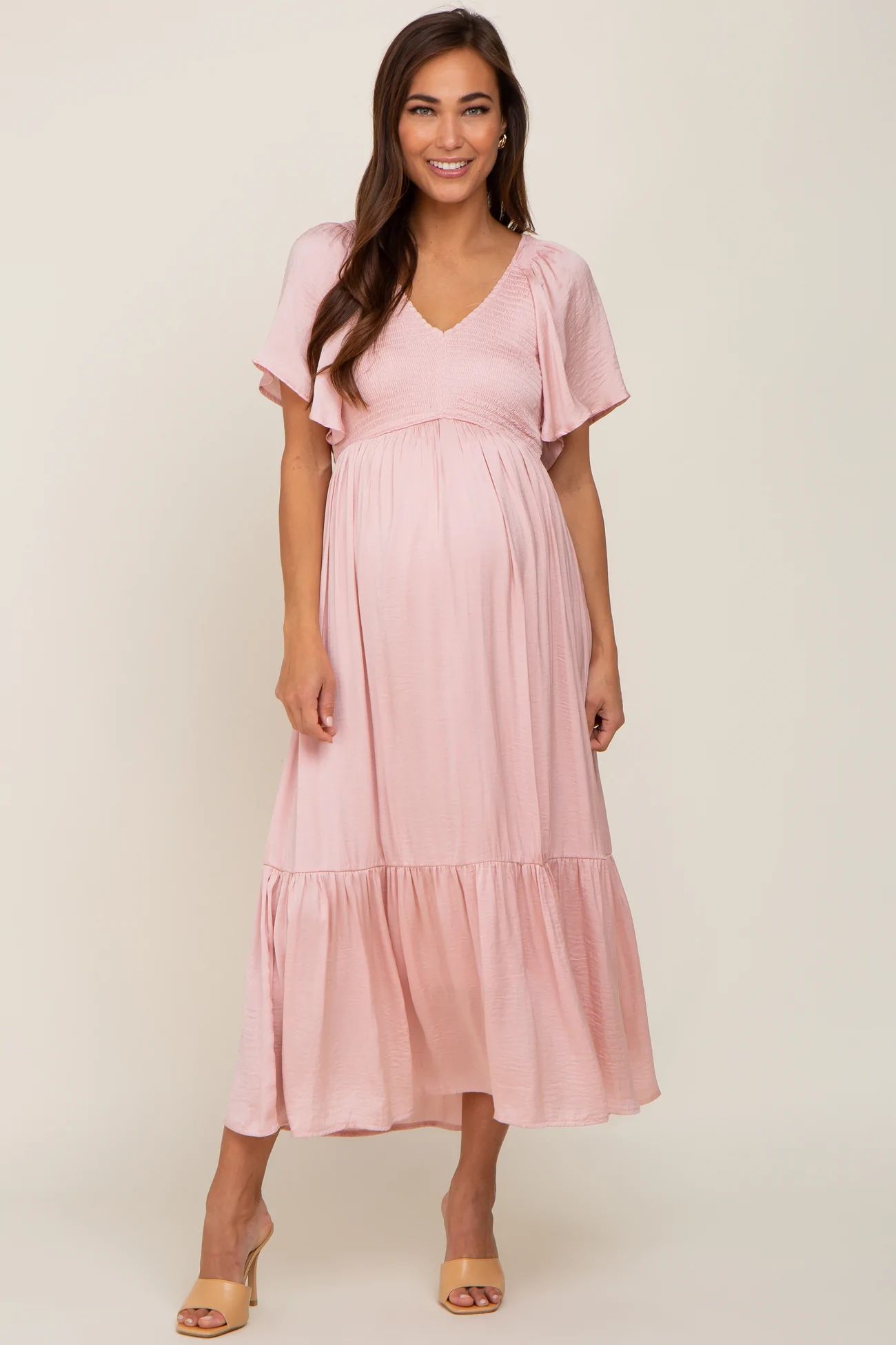 Light Pink Satin Smocked Maternity Midi Dress | PinkBlush Maternity
