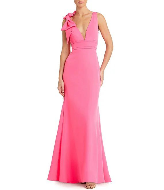 Ieena for Mac Duggal Plunging V-Neck Bow Shoulder Sleeveless Low Back Detail A-line Dress | Dillard's