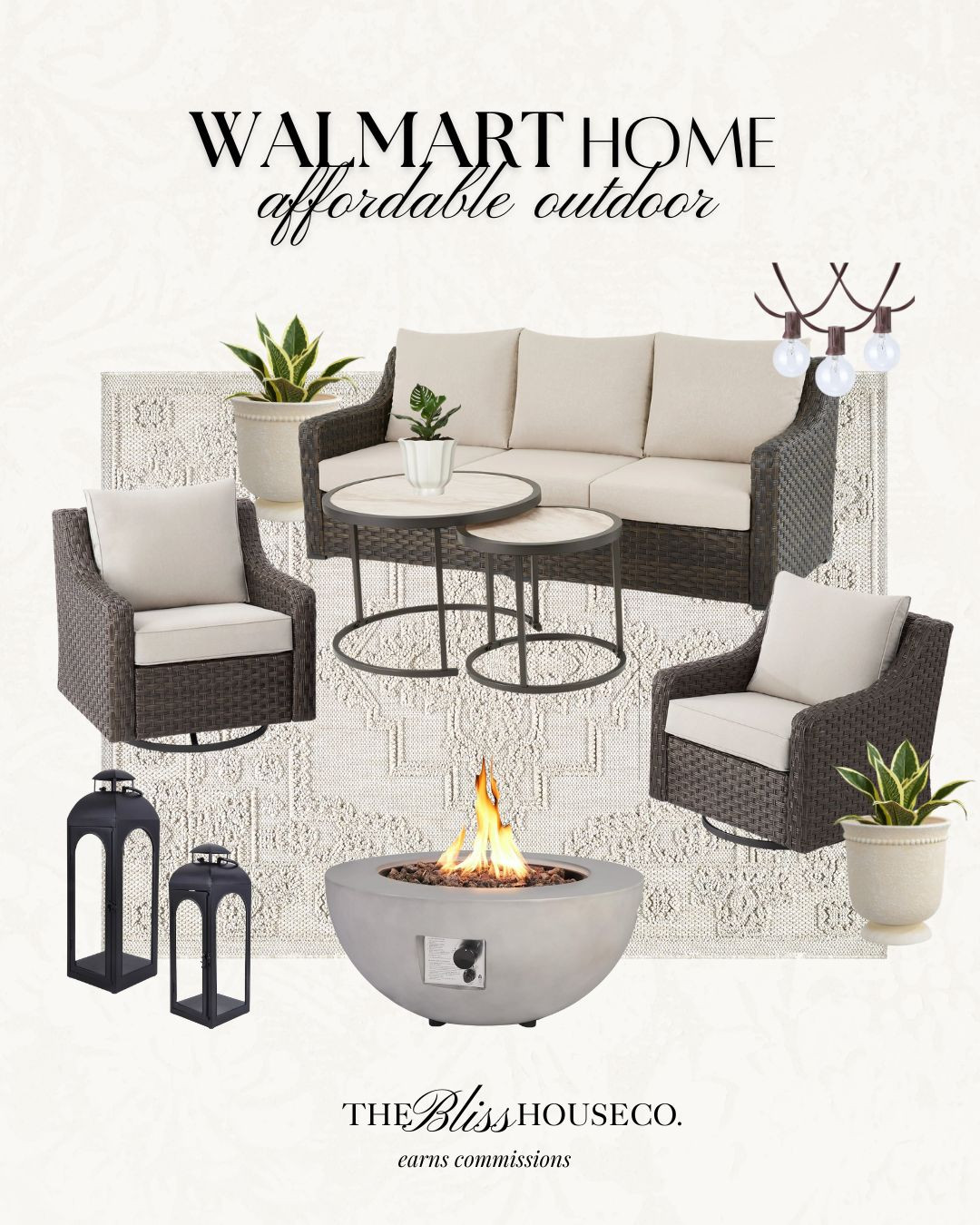 Walmart outdoor finds! Affordable patio set, dark brown, neutral patio, lounge, backyard, fire pit, lanterns, planters, styled outdoor space, designer look for less, River Oaks sofa, nesting table, chairs, Walmart home. 

 #LTKHome