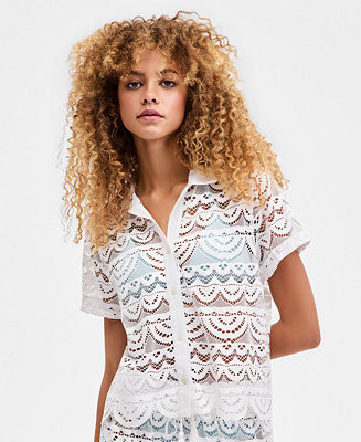 Women's Crochet Swim Cover-Up Camp Shirt, Macy's Exclusive | Macy's