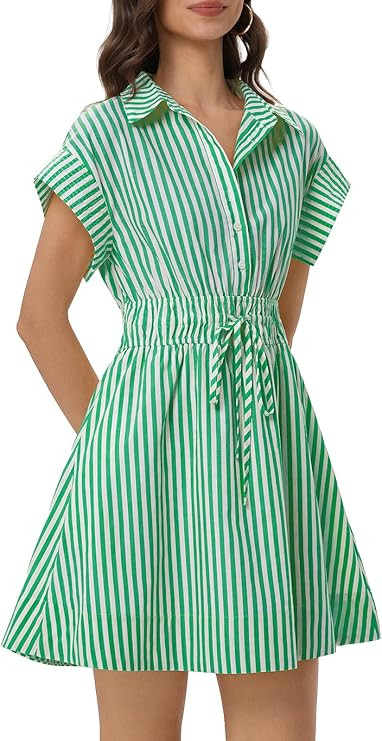 EZAPINE Women Summer Striped Dresses Short Sleeve Mini Shirt Dress Casual A-line Sundress with Dr... | Amazon (US)