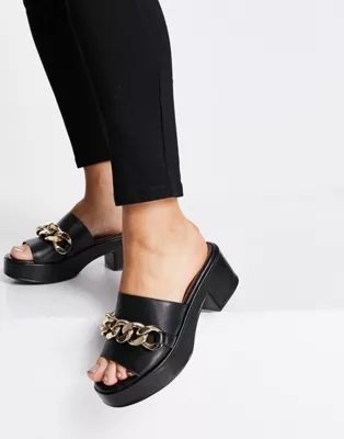 ASOS DESIGN Heidi premium leather chain detail platform mid heel sandals in black | ASOS (Global)