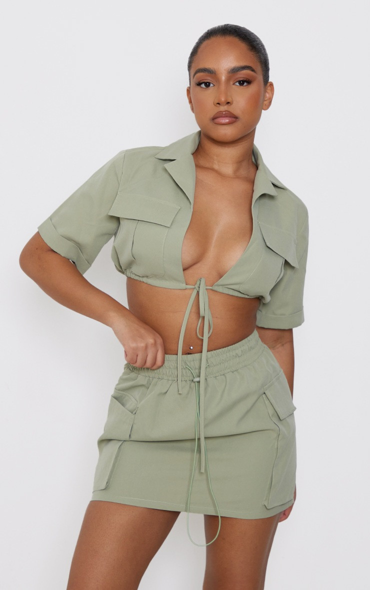 Petite Sage Green Tie Front Cropped Shirt | PrettyLittleThing UK