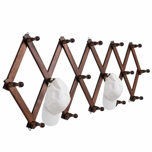 SCUNDA Hat Rack for Wall, Expandable Wall Hat Holder with 16 Hooks, 16 inch Wooden Wall Hook for Baseball Caps,Cowboy, Bag,Hoodie(Brown) | Amazon (US)