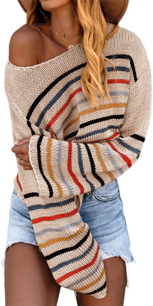 Tutorutor Womens Long Sleeve Striped Rainbow Pullover Sweaters Oversized Colorblock Off Shoulder ... | Amazon (US)