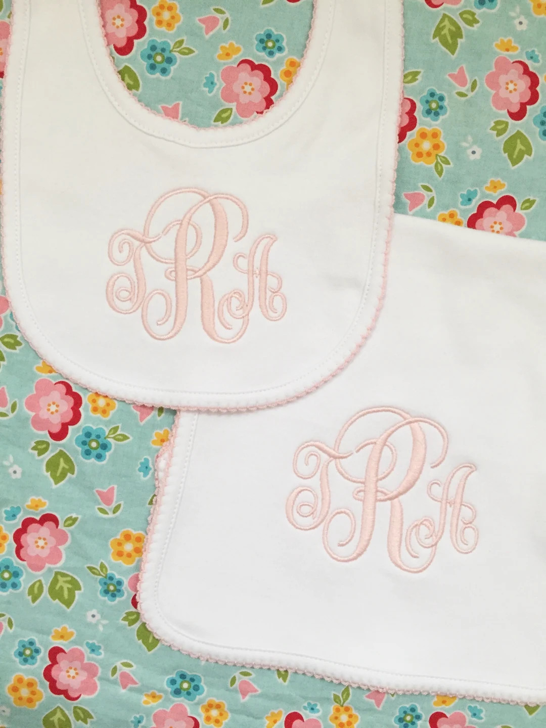 Monogrammed Bib and Burp Cloth Picot Trim Set-monogrammed Baby Gift, Baby Shower Gift - Etsy | Etsy (US)