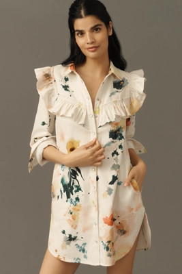 Pilcro Long-Sleeve Ruffled Denim Mini Shirt Dress | Anthropologie (US)