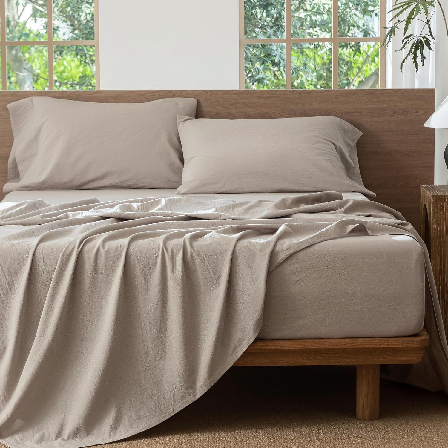 MooMee Bedding Sheet Set 100% Washed Cotton Heathered Cream Grey King | Amazon (US)