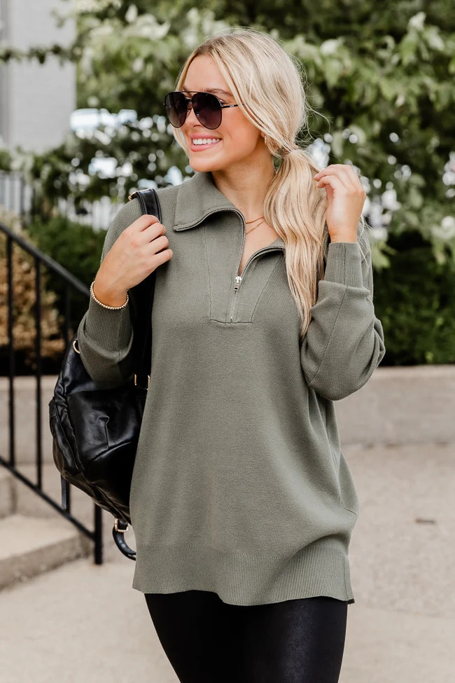 Pulling Heartstrings Olive Quarter Zip Pullover DOORBUSTER | Pink Lily