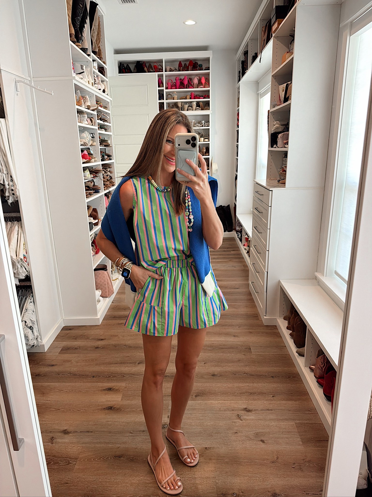 In a small top, small shorts, medium cardigan, sandals, necklace and accessories- fits tts.

#LTKootd #LTKgrwm #LTKSeasonal