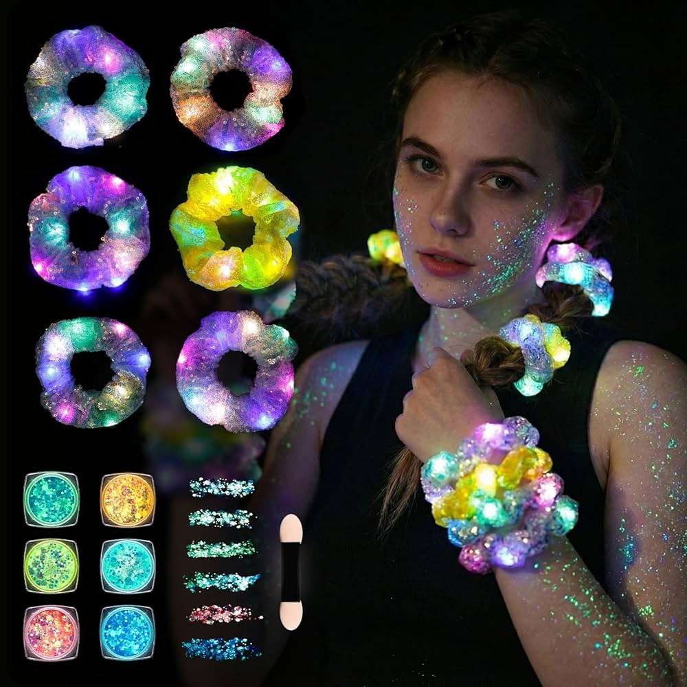 2-in-1 Glow Party Set: Light Up Scrunchies & Glow in the Dark Body Glitter Gel, 6 Color LED Scrun... | Amazon (US)