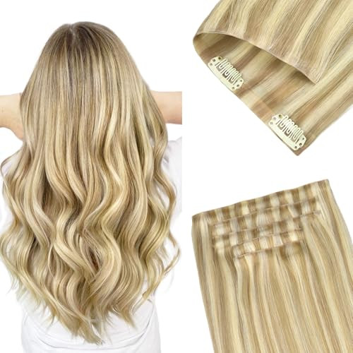 GOO GOO Invisi Edge Clip in Hair Extensions 22inch 110g 7Pcs Injected Seamless PU Clip in Hair Extensions, Virgin Real Human Hair, 16/22 Light Blonde Highlighted Golden Blonde | Amazon (US)
