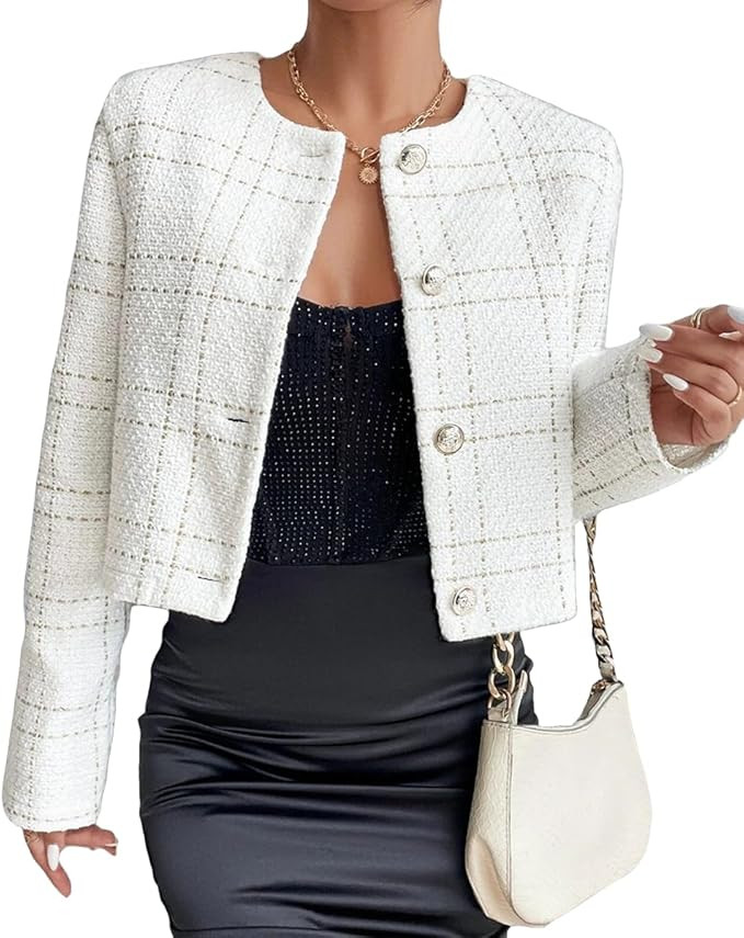 Womens 2024 Fall Cropped Tweed Blazer Jacket Open Front Collarless Casual Business Work Office Pl... | Amazon (US)