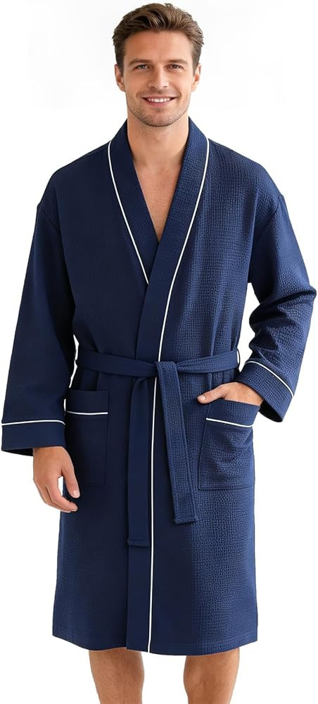 Inner Wish Men's Cotton Waffle Kimono Robe, Lightweight Soft Spa Shower Bathrobe, Hotel Lounge Ro... | Amazon (US)