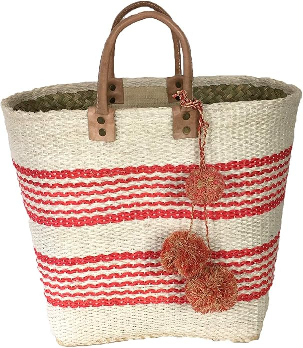 Mar Y Sol Caracas Striped Market Tote Bag Pom Pom, Natural Coral | Amazon (US)