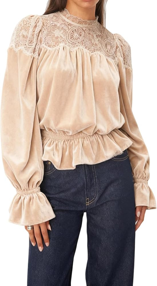 Majdan Womens Velvet Lace Blouse Long Sleeve Shirts Mock Neck Tops Casual Blouses | Amazon (US)