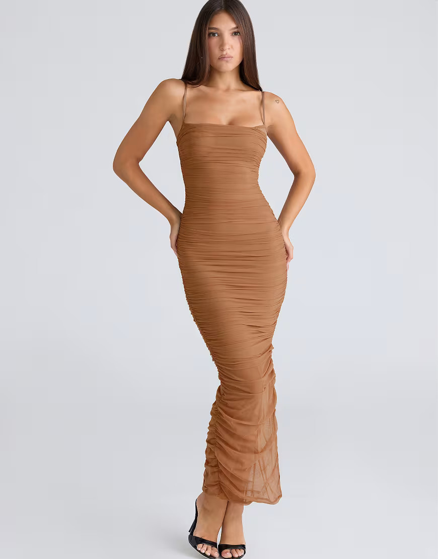 House of CB Fornarina tan gathered stretch mesh maxi dress in tan-Brown | ASOS (Global)