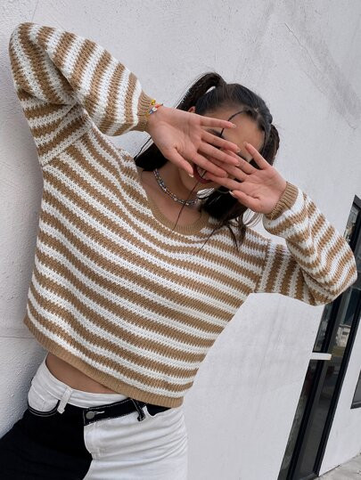 Striped Pattern Drop Shoulder Jumper | SHEIN