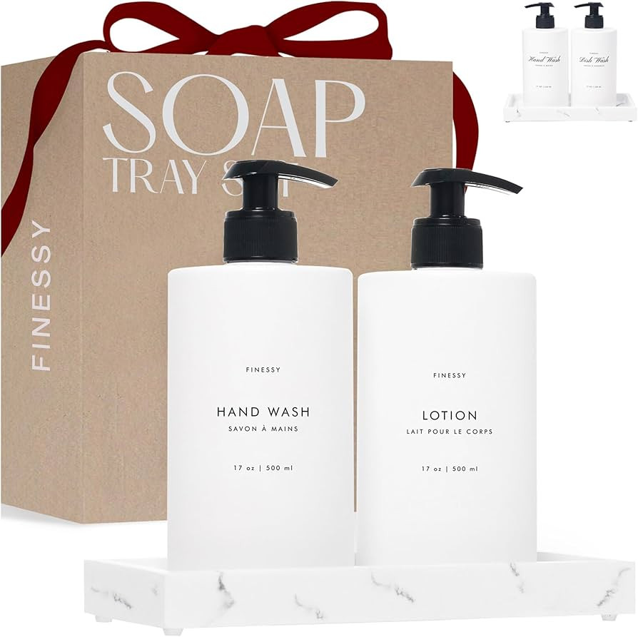Modern Luxe White Kitchen Soap Dispenser Set with Tray, Lotion Dishwashing Liquid Detergent Hand and Dish Soap Dispenser Set, Dual Refillable Pump Bottles for Kitchen and Bathroom Countertop Farmhouse | Amazon (US)