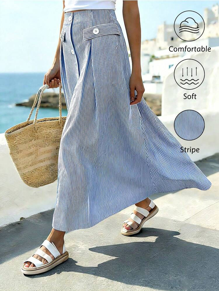 Breezaya Women's Casual Striped Front Button A-Line Skirt, Summer Skirt, Long Summer Skirt, Women's Skirt,Spring/Summer Button Decorated Striped A-Line Blue/White Striped Skirt, Spring/Summer A-Line Skirt, Outfit For Outdoor Activities, Striped Skirt, Fashionable Casual Vacation Skirt, Maxi Casual Skirt, Stripe Skirt, Beach Skirt | SHEIN