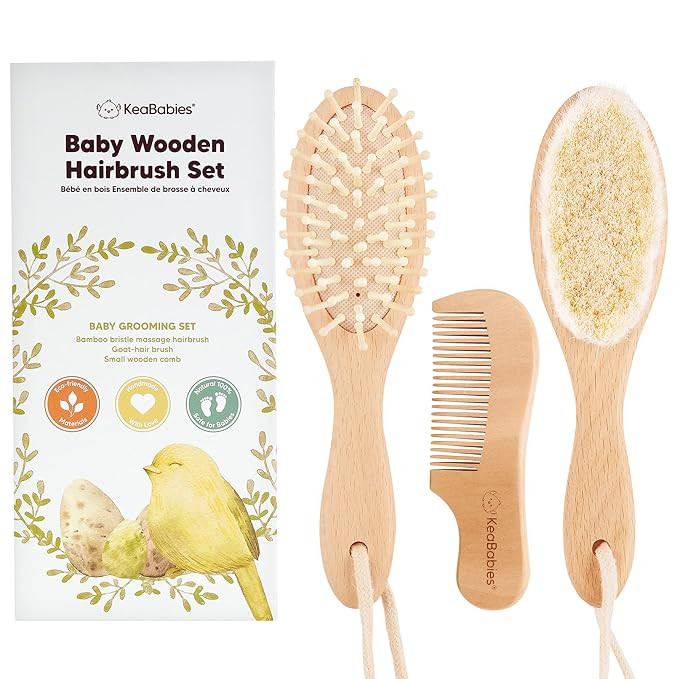 Baby Hair Brush and Baby Comb Set - Wooden Baby Brush with Soft Goat Bristle - Toddler Hair Brush... | Amazon (US)
