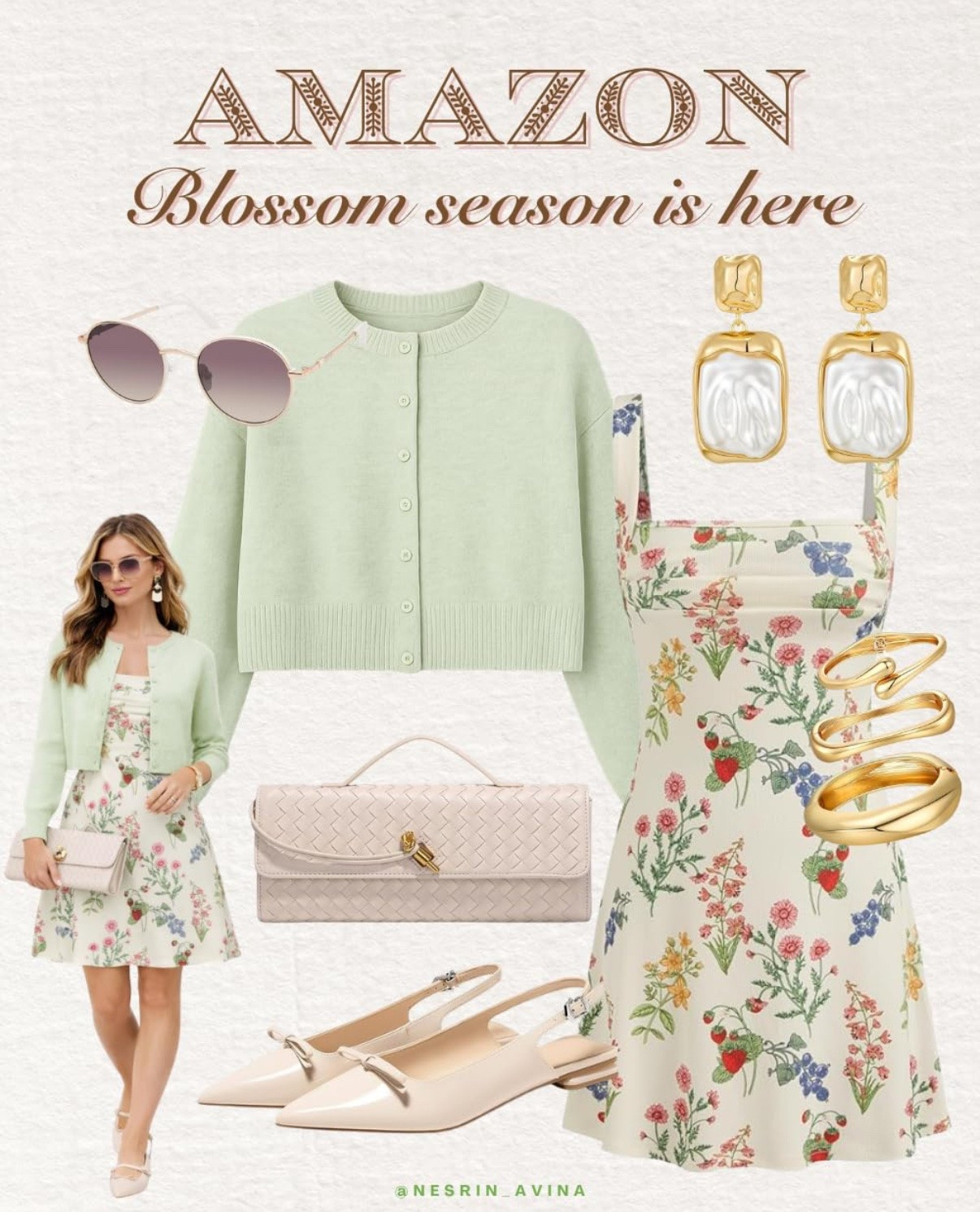 pale green cardigan
flower dress
gold jewelry 
white purse 
sunglasses