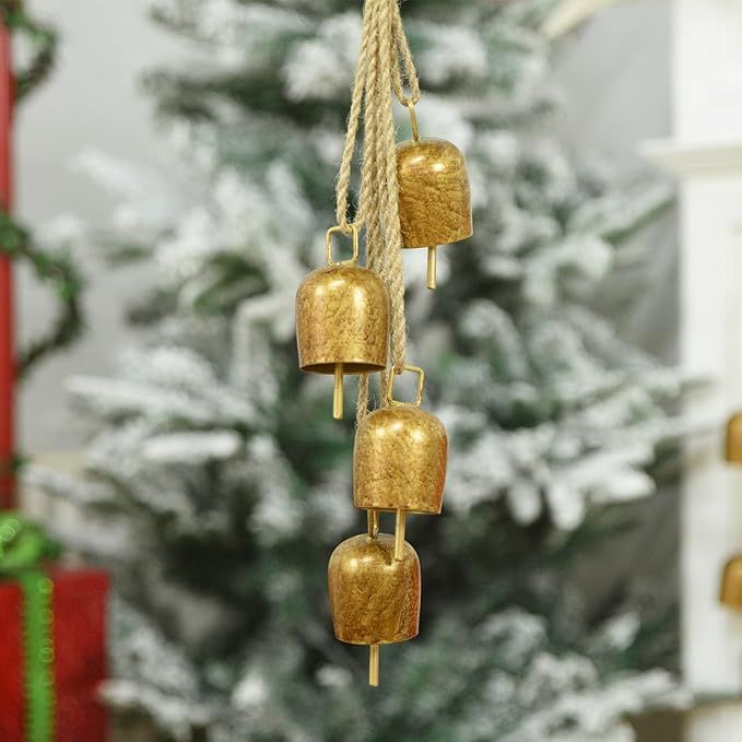 Christmas Bells,Vuskly Gold Bells Metal Christmas Hanging Bells Vintage Decor with Jute Hanging R... | Amazon (US)