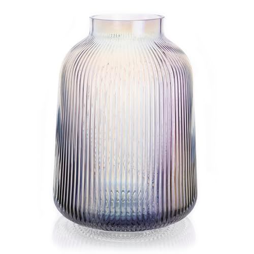 Ribbed Glass Vase, Fluted Glass Vase, Colored Glass Vase, Iridescent glass vase, Clear Glass Flow... | Amazon (US)