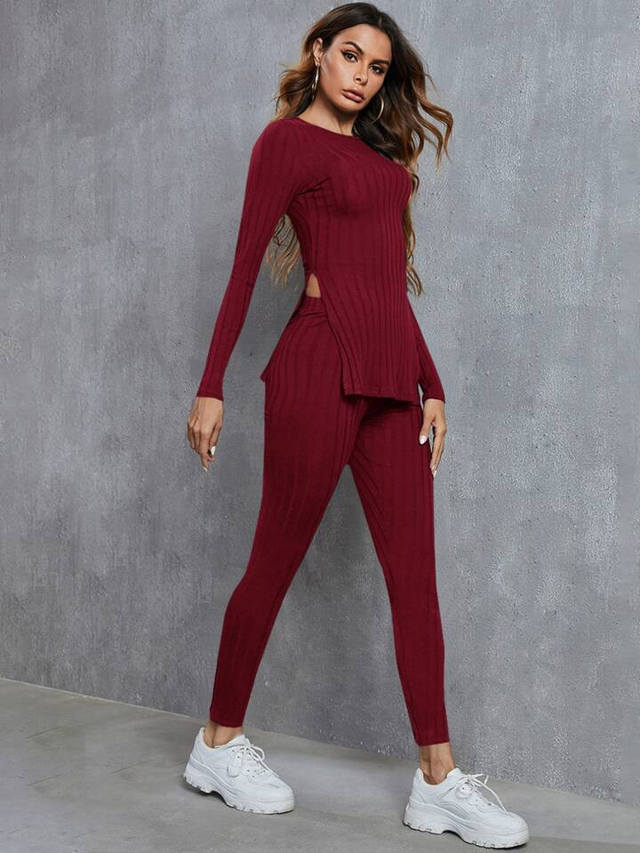 SHEIN LUNE Ribbed Knit Split Hem Top & Leggings | SHEIN