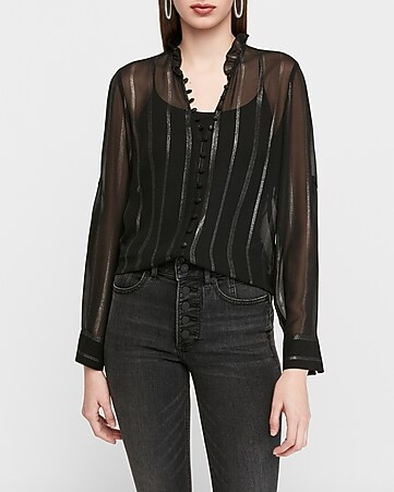Slim Sheer Metallic Stripe Chiffon Portofino Shirt | Express