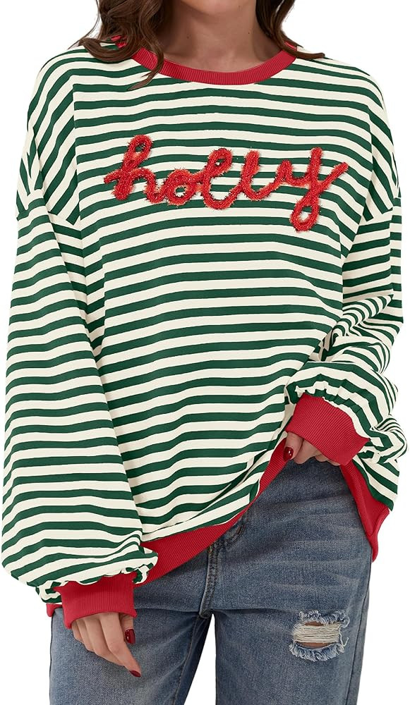 JINTING Christmas Sweatshirt For Women Christmas Hoodie Holly Striped Pullover Long Sleeve Crewne... | Amazon (US)