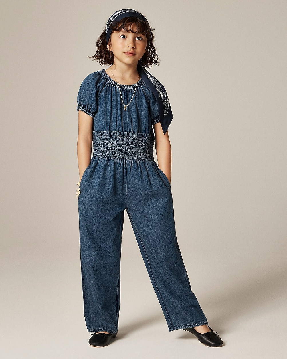 Girls' smocked-waist jumpsuit in drapey denim | J. Crew US