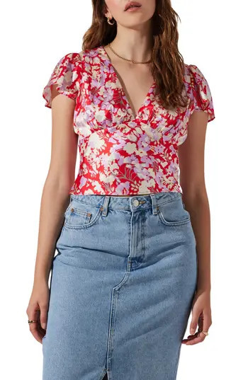 ASTR the Label Floral Flutter Sleeve Blouse in Red Lilac Floral at Nordstrom Rack, Size X-Small | Nordstrom Rack