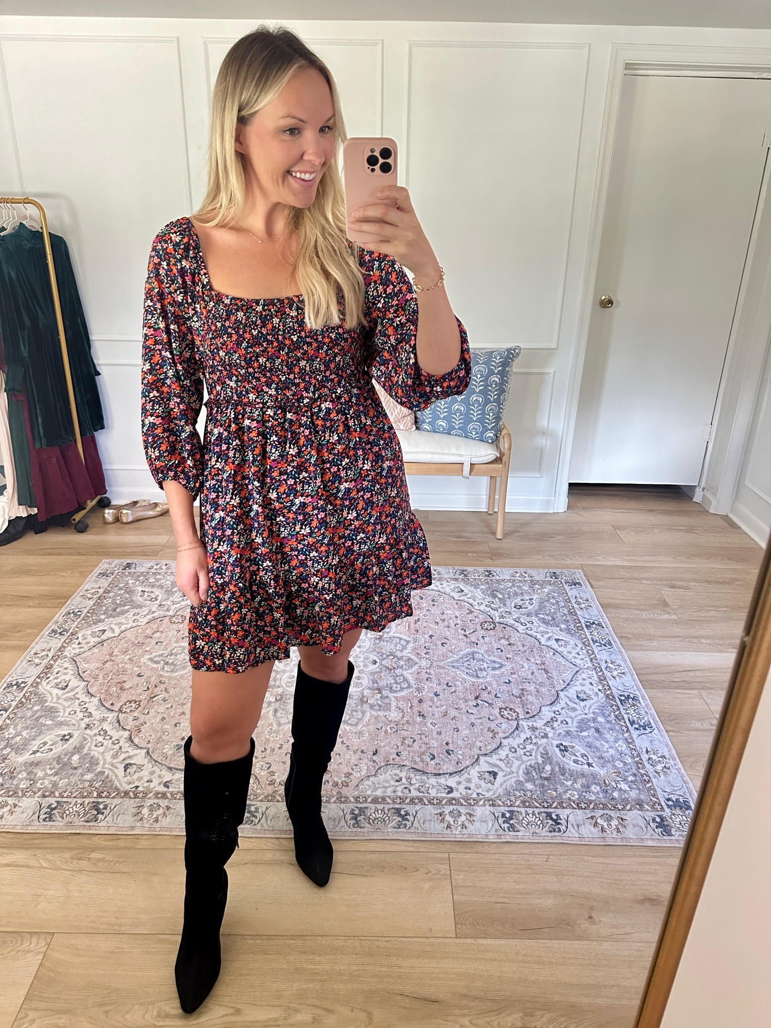 Fall floral mini dress - smocked at the top and very comfy - wearing a med 

#LTKSeasonal #LTKMidsize #LTKFindsUnder50