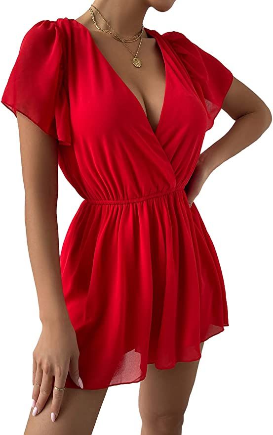 Pofash Women’s Sexy Off Shoulder Flare Sleeves Criss Cross Lace Up Sling Short Jumpsuit | Amazon (US)