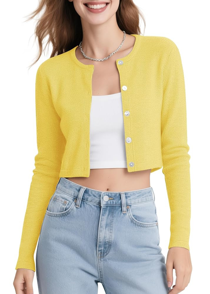 Urban CoCo Women's Long Sleeve Button Up Cropped Cardigan Sweaters for Women Crew Neck Short Bole... | Amazon (US)