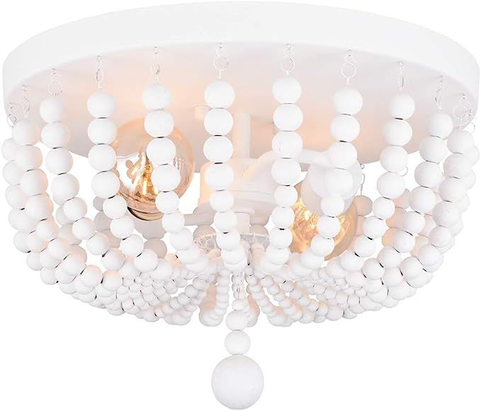 Alice House 14.1" Flush Mount Ceiling Light, 2 Lights Wood Beaded Chandelier, White Farmhouse Cei... | Amazon (US)