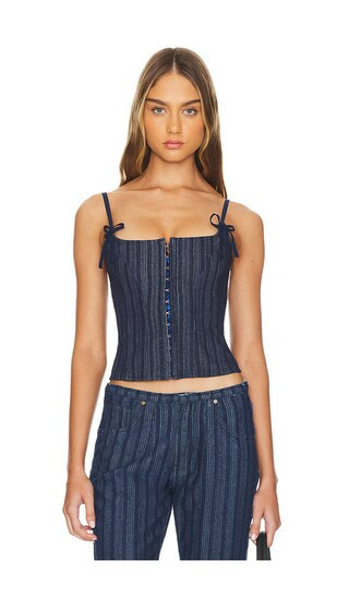 LIONESS Charismatic Denim Corset in Dark Pinstripe in Denim-Dark. - size L | Revolve Clothing (Global)
