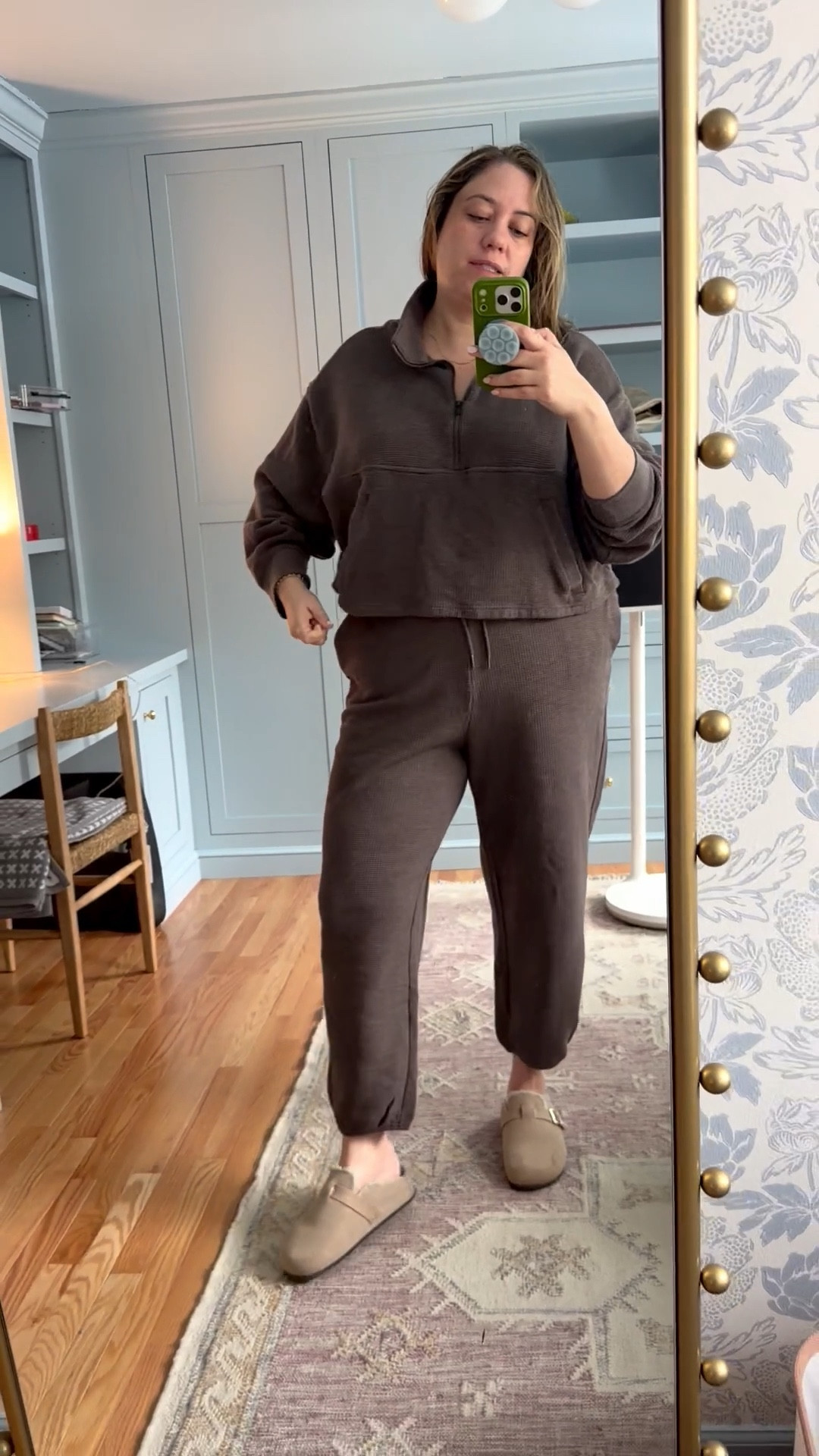 The @athleta waffle knit set are so soft on the inside and comfortable. My top is a size bigger than I usually take (I'd recommend getting your true size) , but joggers I am in my true size. Currently on sale plus an extra 25% off! 