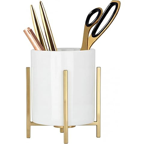 Gold Pencil Cup Sturdy Metal Frame With White Ceramic Pen Holder For Desks and kitchen Appliance ... | Amazon (US)