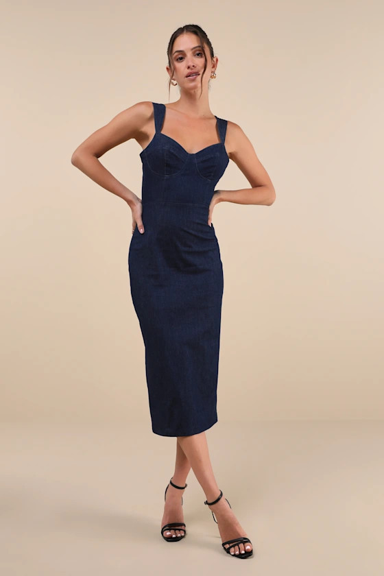 Keep It Darling Dark Wash Denim Bustier Lace-Up Midi Dress | Lulus