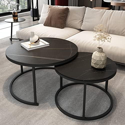 Modern Nesting Slate Coffee Table Set of 2 ，Round Sintered Stone Top with Sturdy Metal Frame fo... | Amazon (US)