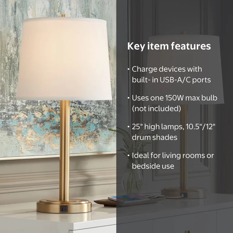 Possini Euro Design Camile Modern Table Lamps 25" High Set of 2 Brass Metal with USB Charging Por... | Walmart (US)