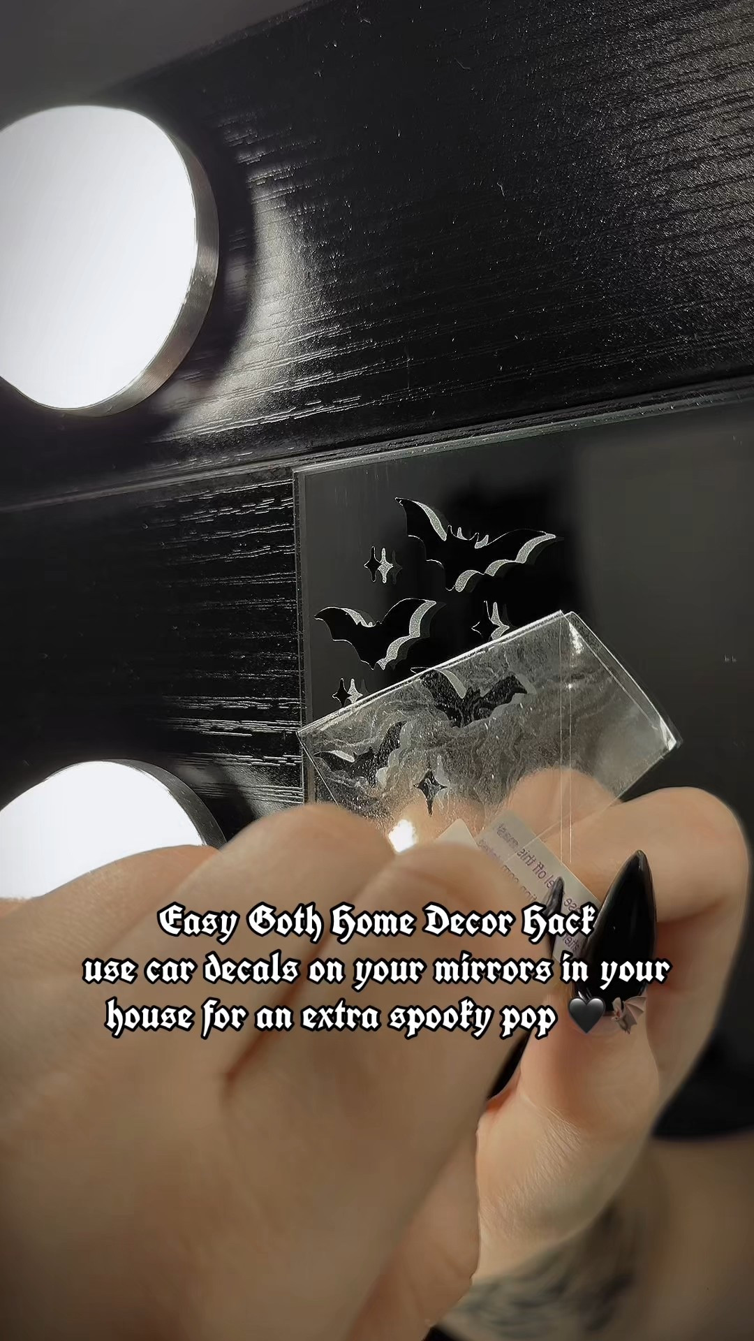 Easy Goth home decor hack. Use car decals on your mirrors for an extra spooky pop in your house! 🦇 🕯️ 🖤

#GothHome #Halloween #HalloweenDecor #GothicHome #HalloweenFines #BatDecal #CarDecal #Alternative

#LTKSeasonal