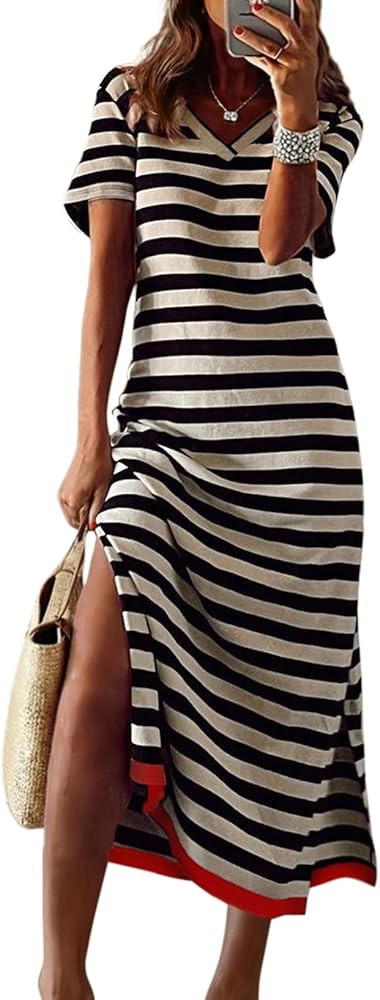 Dokotoo Summer Dress Casual Womens Fashion Short Sleeve Maxi Dress T Shirt Dress Striped Long Col... | Amazon (US)