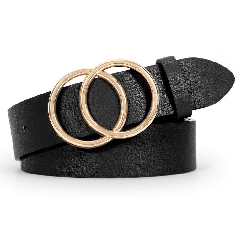 WHIPPY Women Leather Belt with Double Ring Buckle, Black Waist Belt for Jeans Dress | Walmart (US)