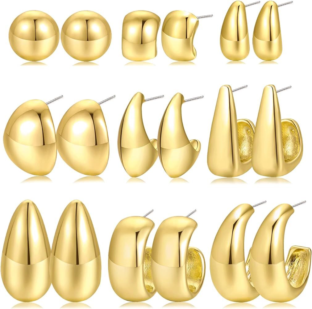 Chunky Gold Drop Hoop Earrings Set | Small Waterdrop Earrings Pack | Gold Hoop Earrings for Women | Amazon (US)