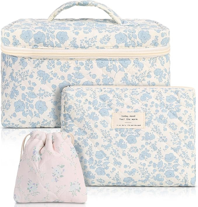 Vyuwast 3 Pack Floral Makeup Bag Set Quilted Makeup Bag Cotton Travel Coquette Aesthetic Toiletry... | Amazon (UK)
