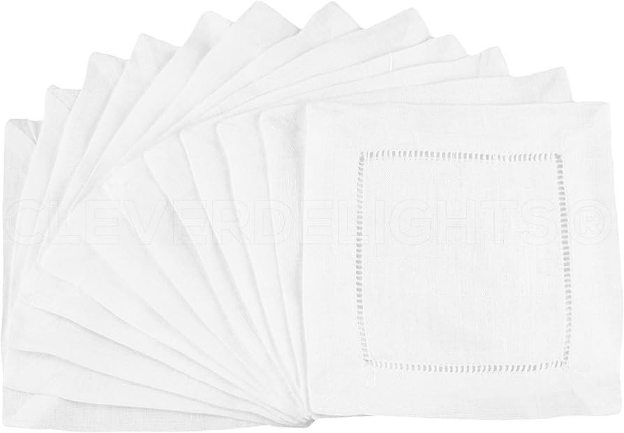 CleverDelights White Hemstitch 6" Cocktail Napkins - 12 Pack - 55/45 Linen Cotton Blend | Amazon (US)