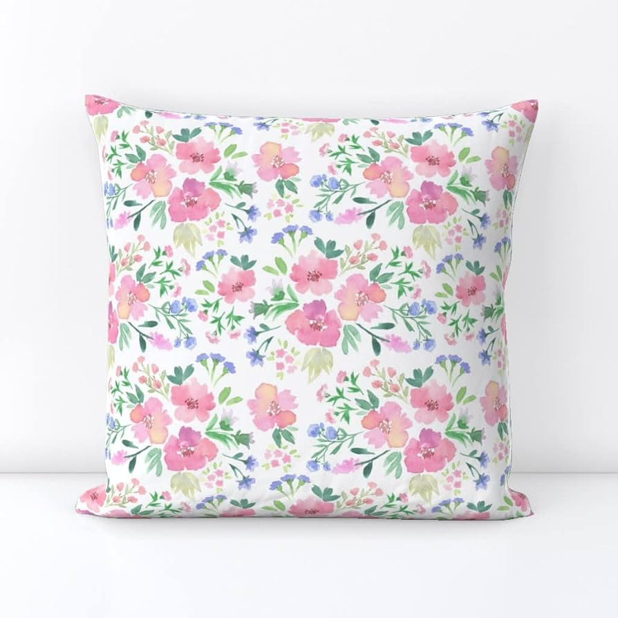 Spoonflower Square Throw Pillow, 18", Velvet - Pink Watercolor Flowers Flower Leaves Floral Abstr... | Amazon (US)